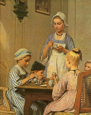 Children eating with their mother